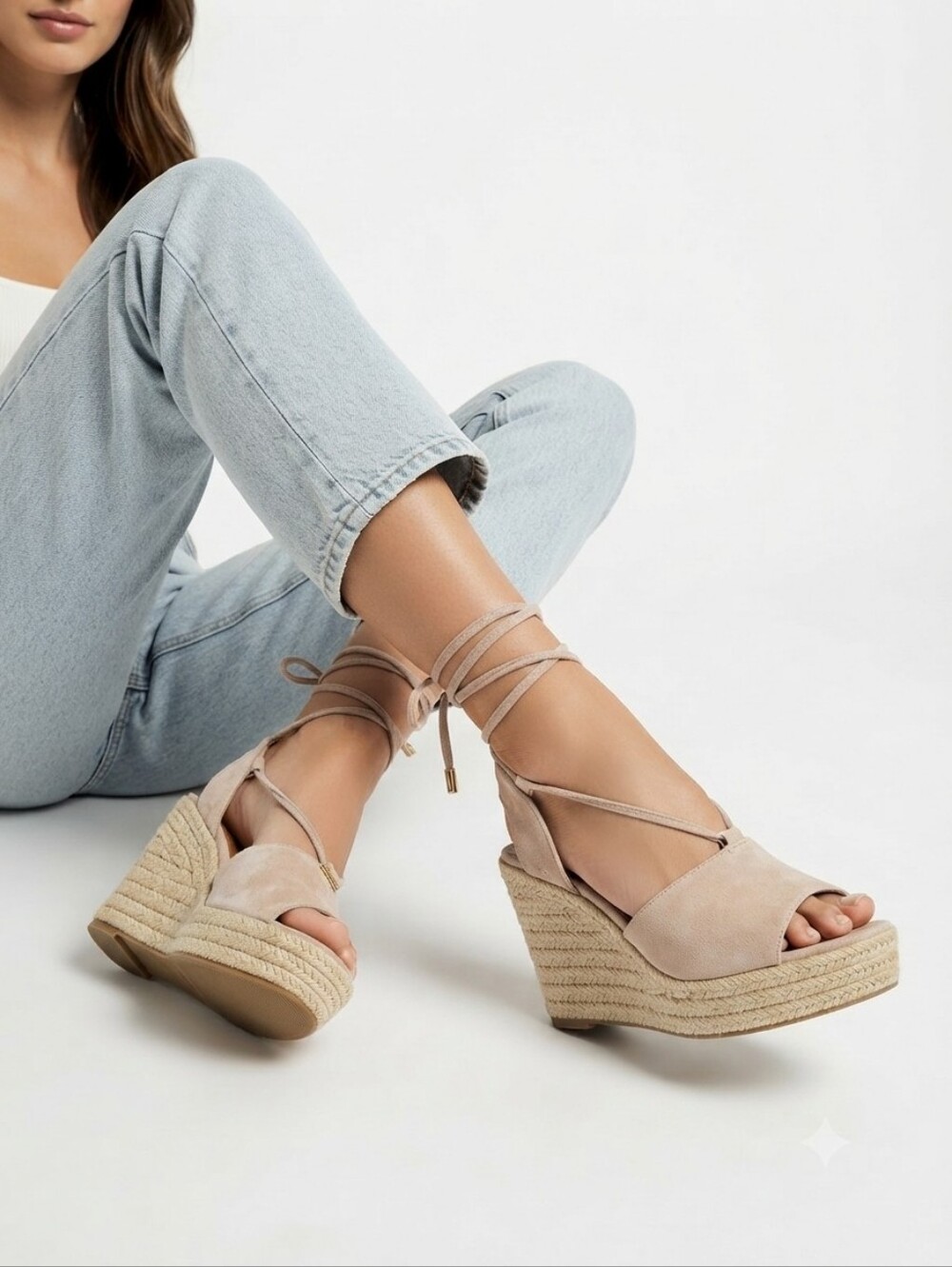 COACH Neutral Taupe Hue Suede Lace-Up Wedge Espadrille Sandals Women's Size 8B